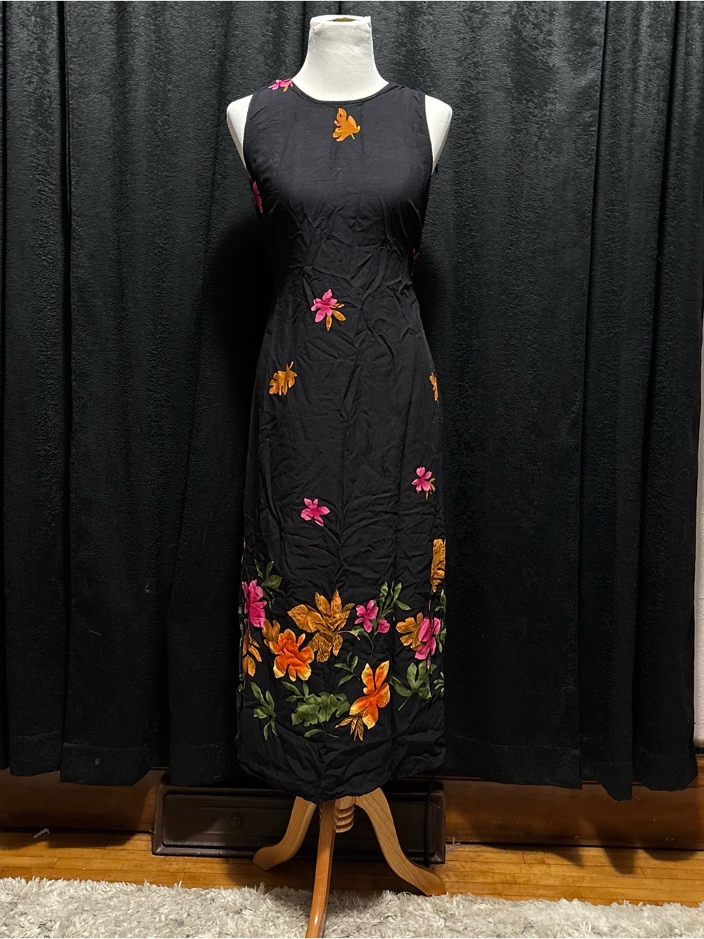 Vintage R&K Originals Black Floral Rayon Midi Dress 10